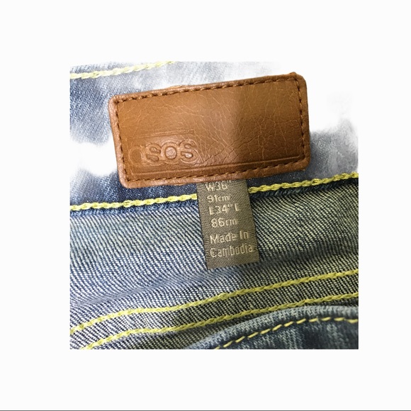 Asos Womans Denim Blue Jeans Mid Rise Patched Knees Size 36 X 34 - Picture 6 of 8